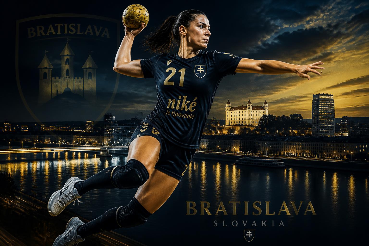 Women's handball player in action with Bratislava skyline